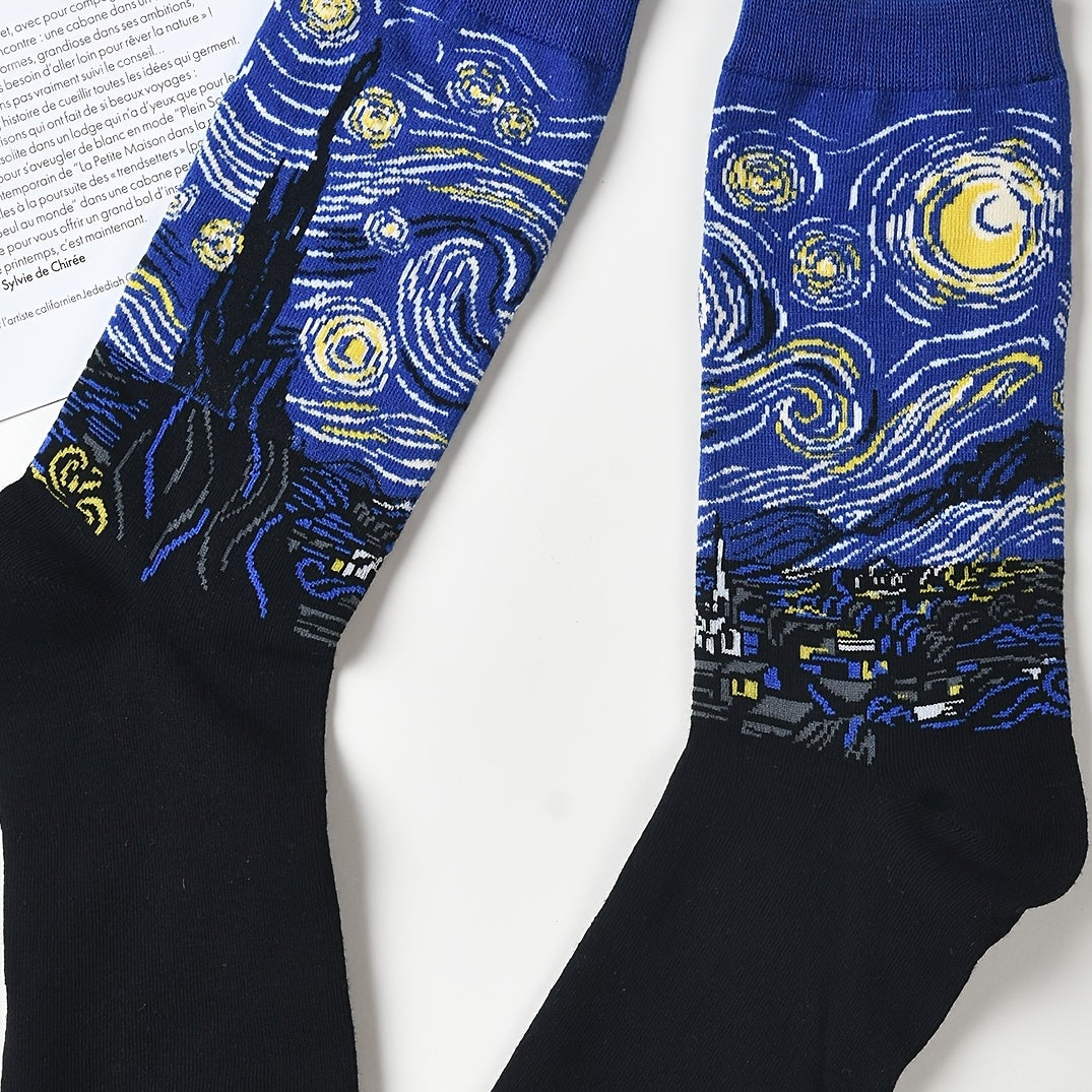 Retro Painting Pattern Mid-calf Socks, Unisex, Spring/Autumn
