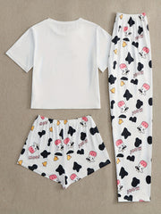 Cow Print Pajamas Set Short Sleeve Crew Neck Top & Shorts & Pants
