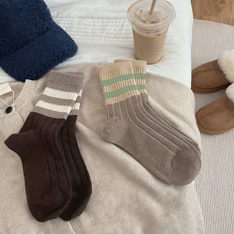 5 Pairs Striped Crew Socks Soft & Comfy Women's Stockings