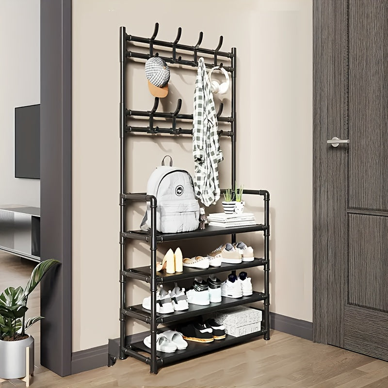 Metal Clothes Storage Rack with Shoe Storage, 8 Hooks for Hats, Coats