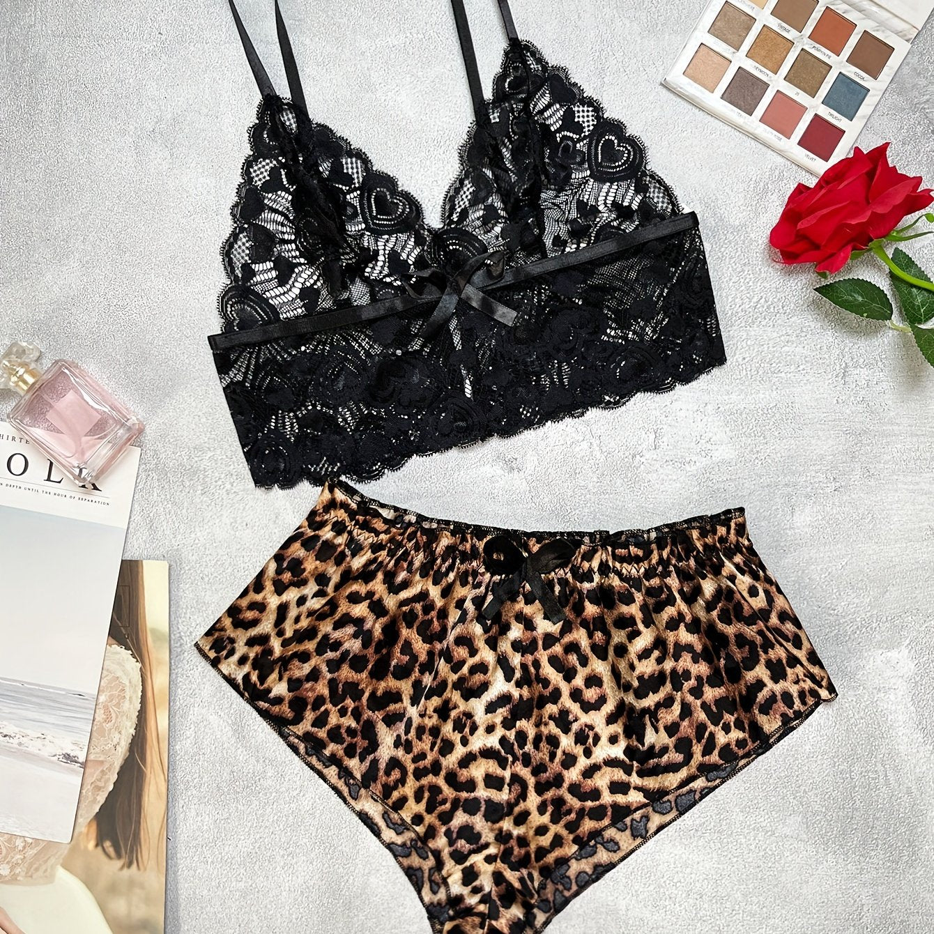 Sultry Floral Lace Lingerie Set Unlined Bra & Leopard Shorts