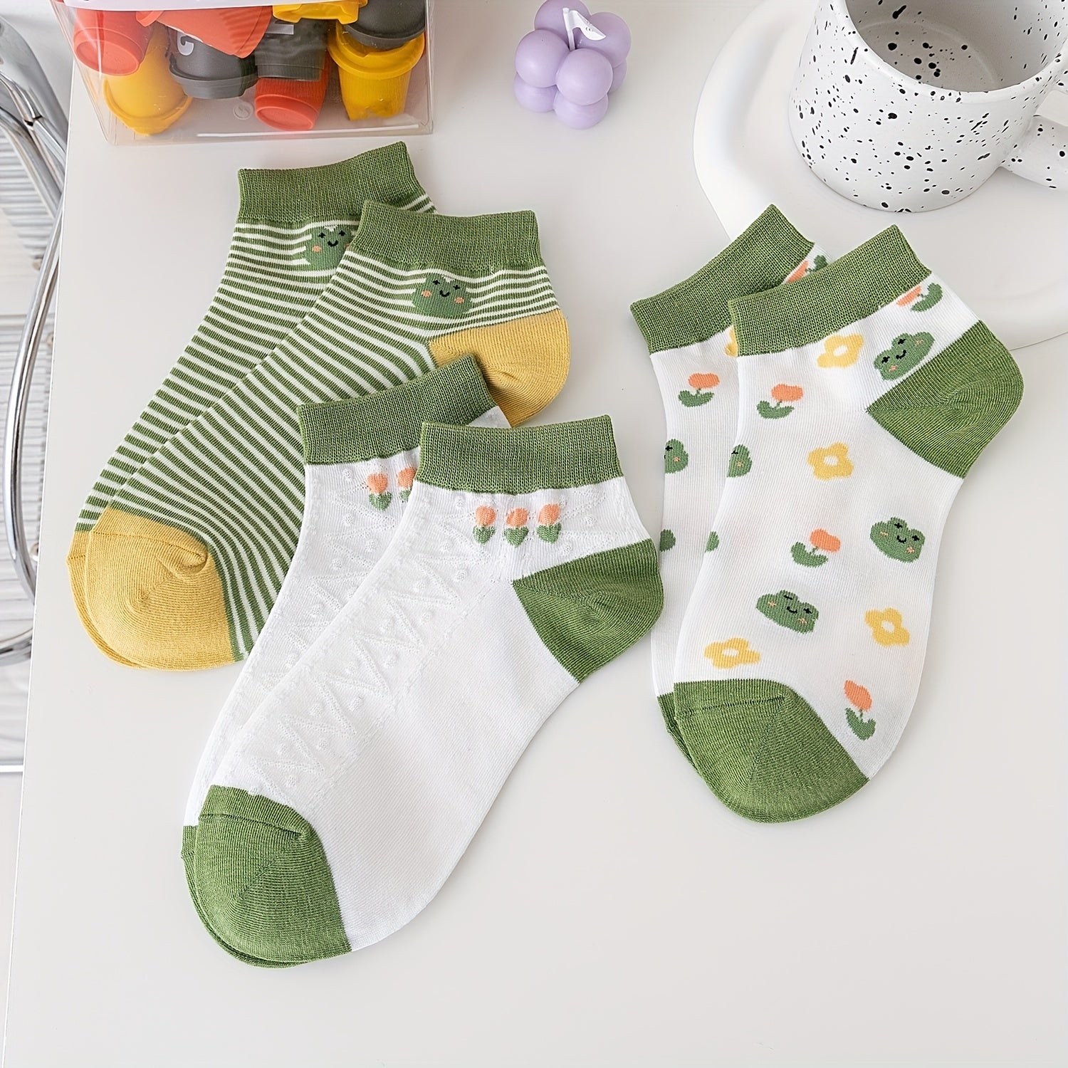 3 Pairs Frog Print Socks Mid Tube Striped Women's Stockings