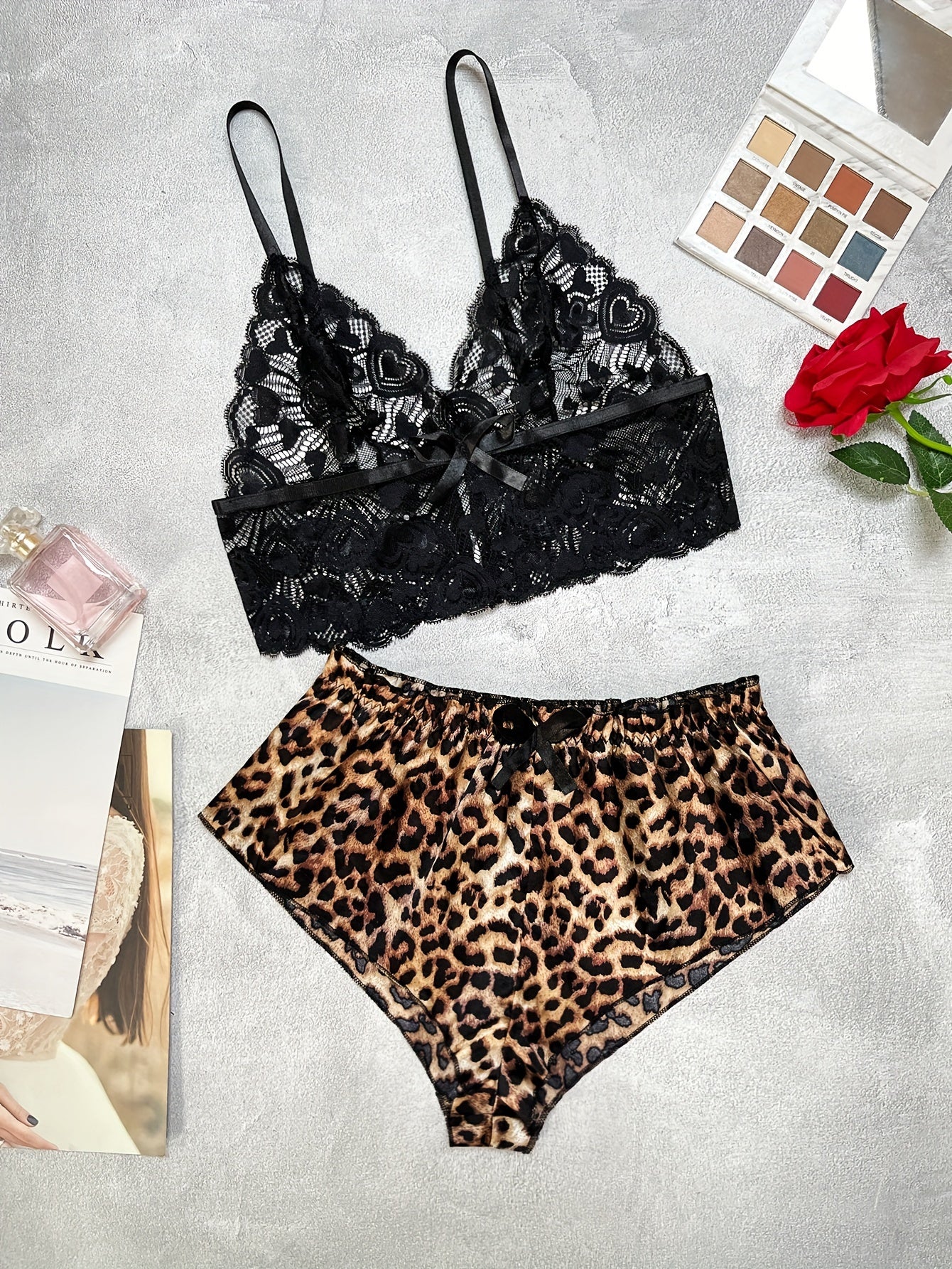 Sultry Floral Lace Lingerie Set Unlined Bra & Leopard Shorts
