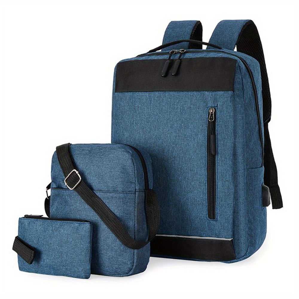 3pcs Business Commuter Laptop Backpack Set with USB Charging Port