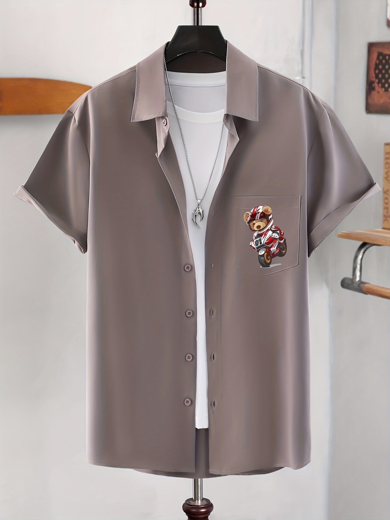 Bear Riding Motorcycle Men's Button Up Shirt
