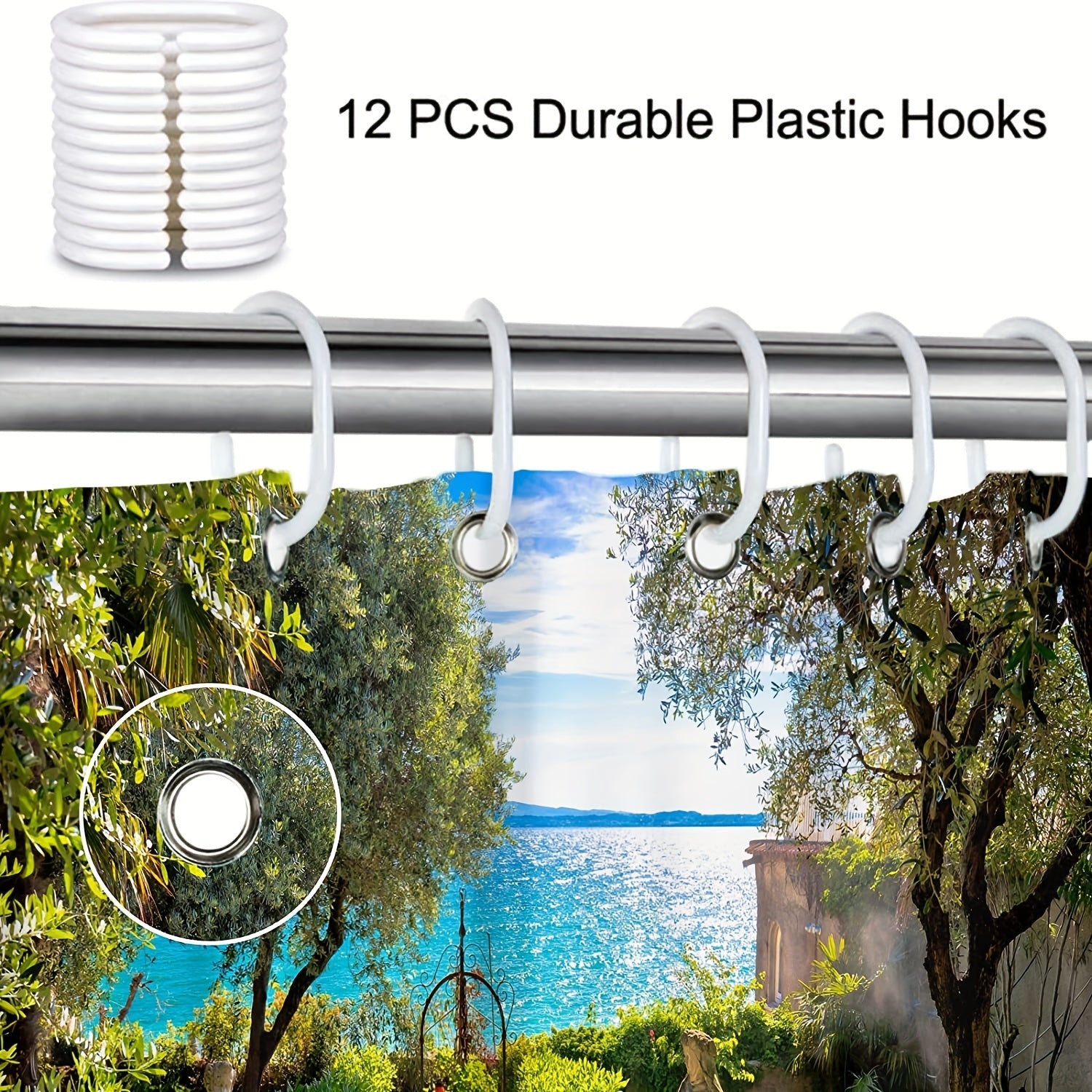 Seaside Garden Shower Curtain 3D Landscape with 12 Hooks