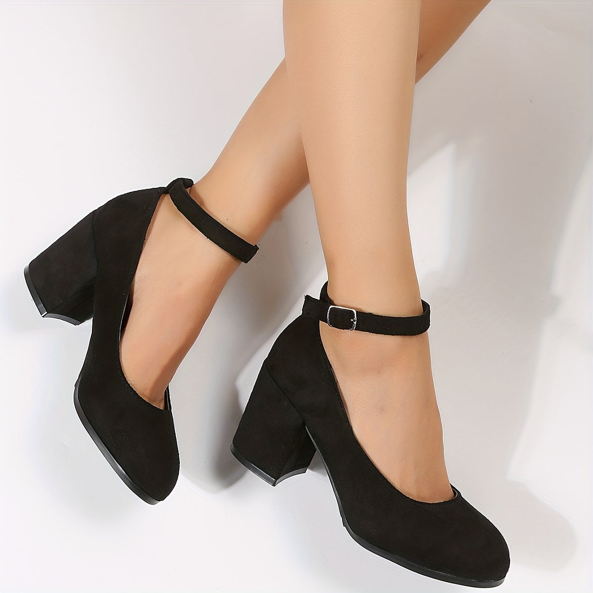 Women's Chunky Heels Buckle Strap Pumps Work Heels