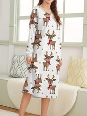 Christmas Elk Print NightDress Long Sleeve Pajama Dress Women's Sleepwear