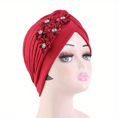 Rhinestone Flower Turban Cap Boho Elastic Head Wrap Beanie Head Scarf