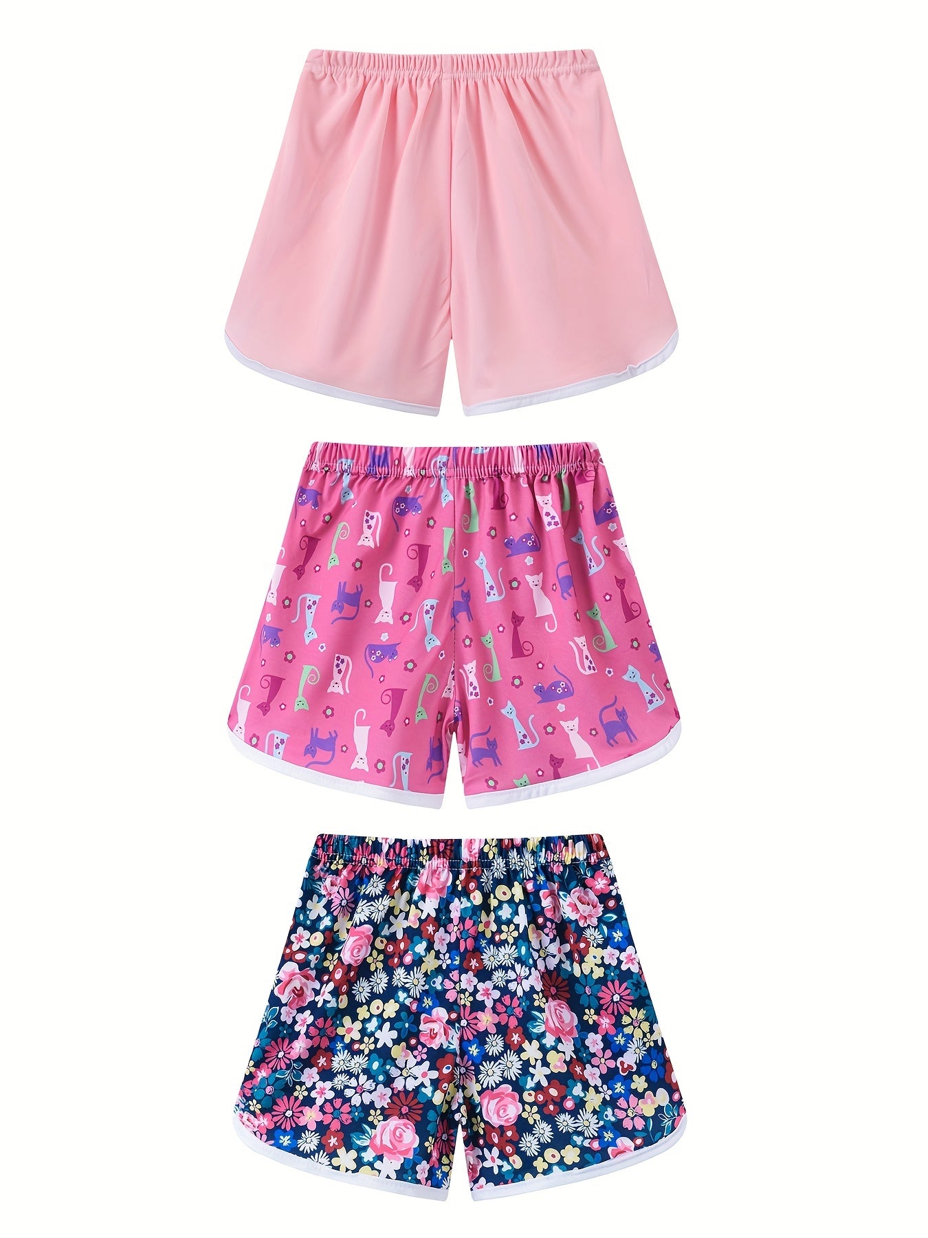 3pcs Girls Cat Floral Print Casual Quick Drying Shorts