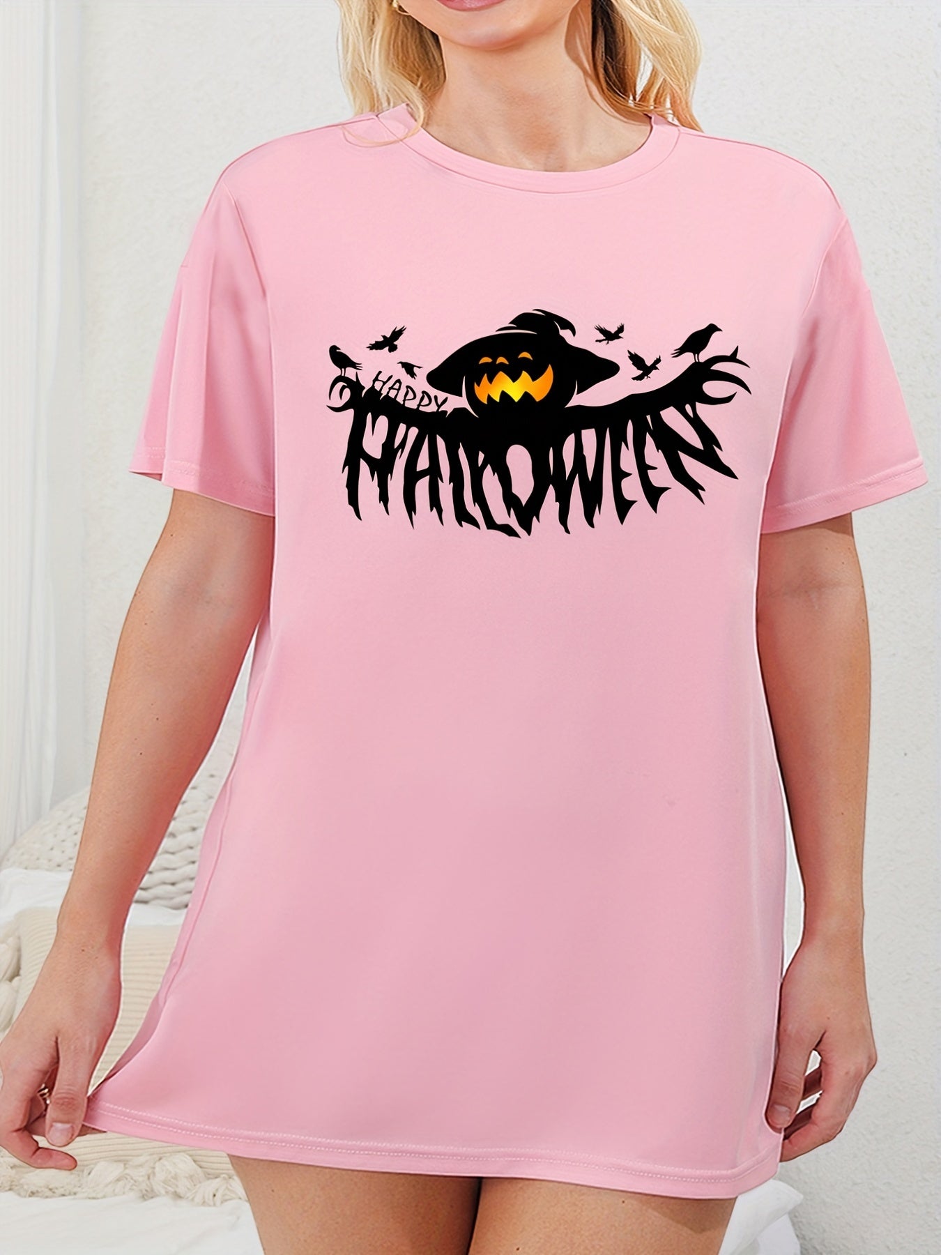  Halloween Nightdress Women's Witch Hat Pumpkin Print Tee Dress