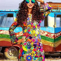  Halloween Dress Women's Plus Allover Print Flared Sleeve