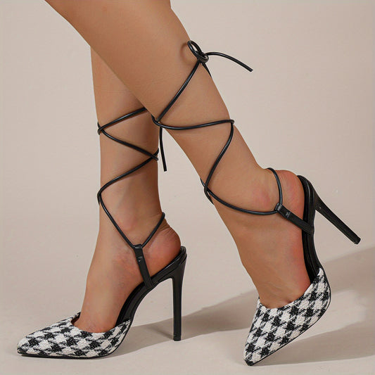Women's Houndstooth Pattern Heels Lace Up Pumps Stiletto Shoes