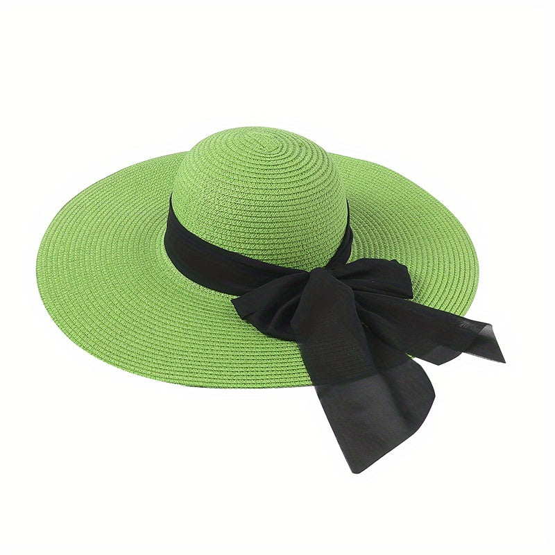 Big Bowknot Sun Hat Solid UV Protection Vintage Straw Beach Hats For Women