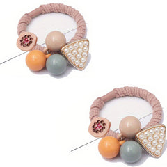 2pcs Candy Beaded Hair Tie Faux Pearl Decor Hair Rope Knitted Hair Tie