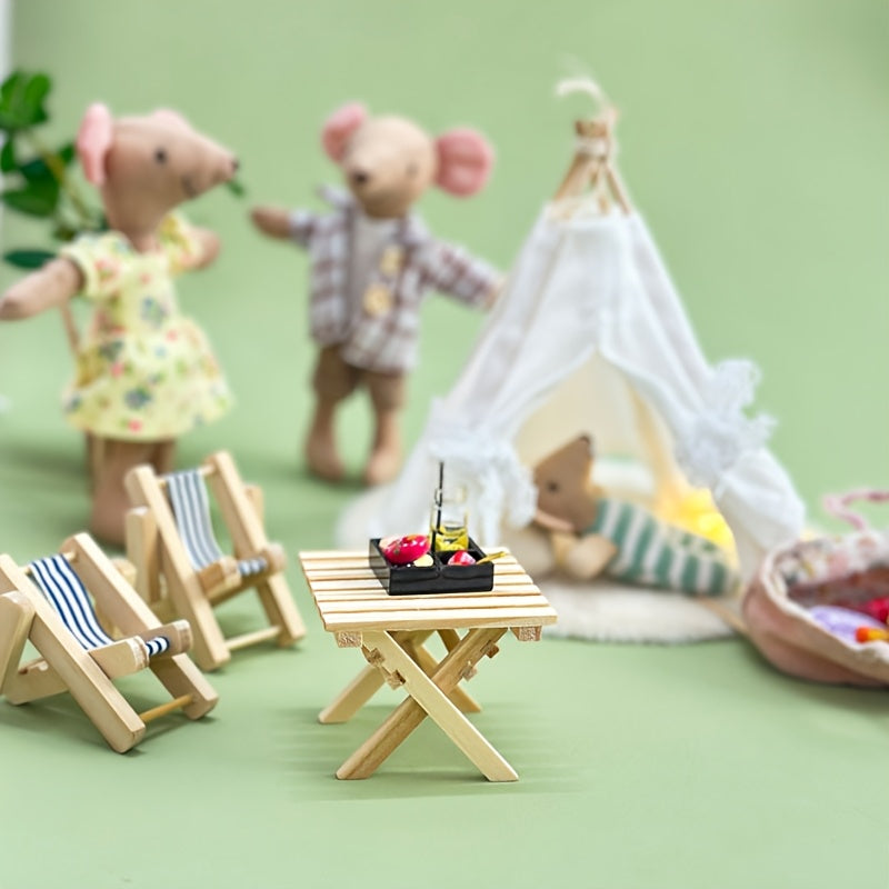 Deco Tent Wooden Table Chair Set BJD OB11 Maileg Dollhouse Play Accessories