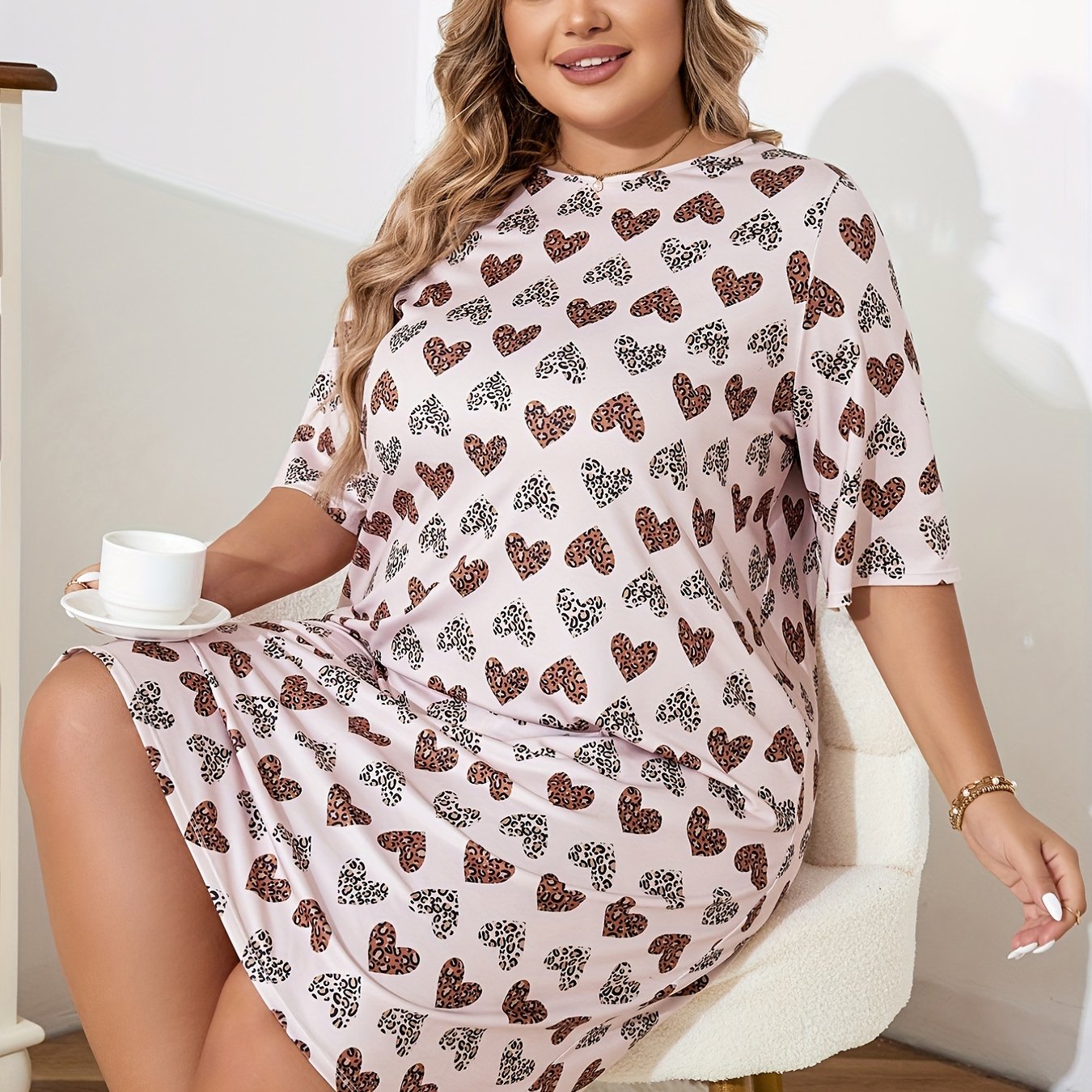  Leopard Heart Print Nightdress Short Sleeve