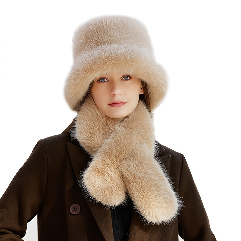 Winter Thick Warm Bucket Hat Scarf Set Plush Fisherman Fuzzy Fluffy Cap