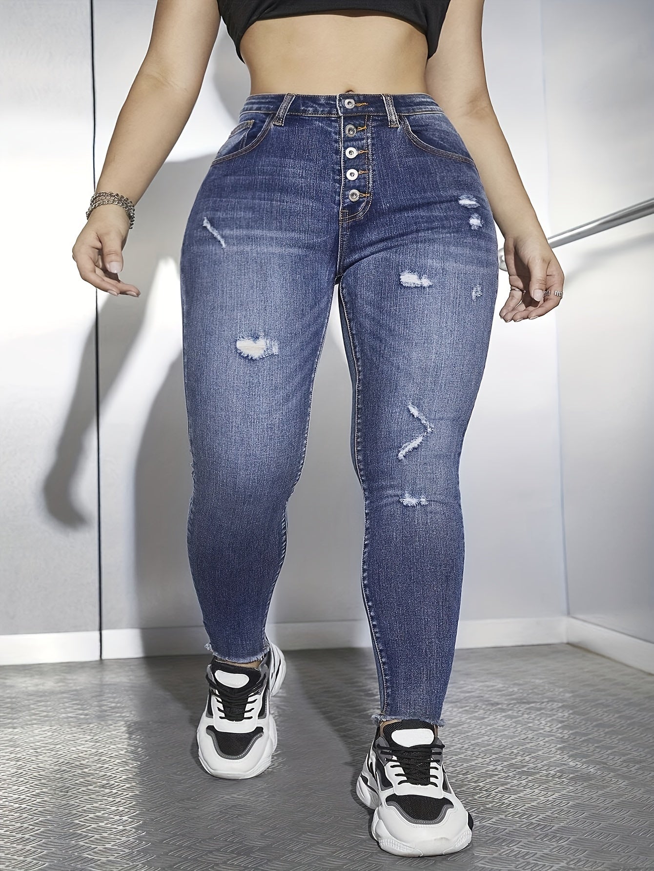 Washed Ripped Fringe Trim Skinny Jeans