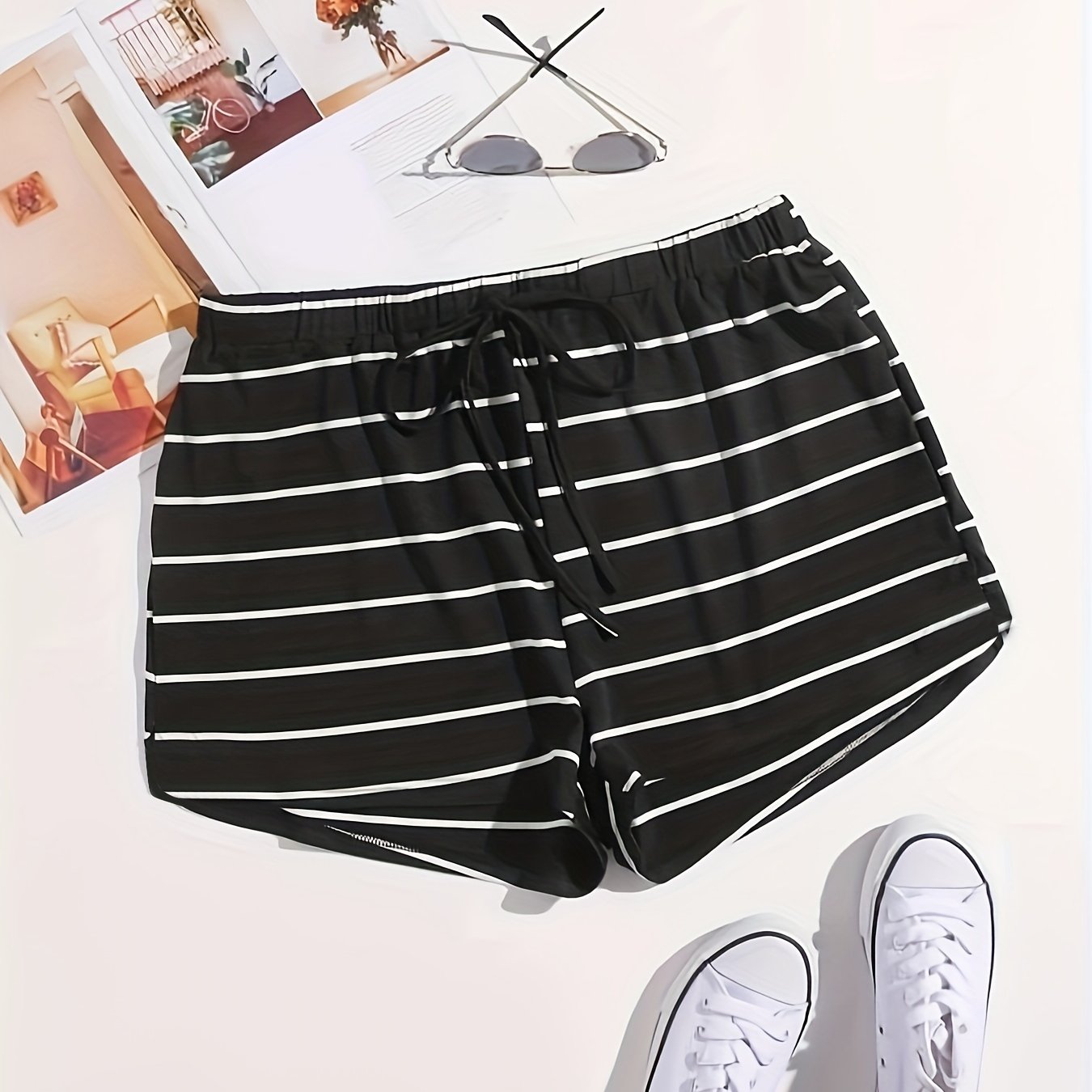  Striped High Stretch Drawstring Shorts