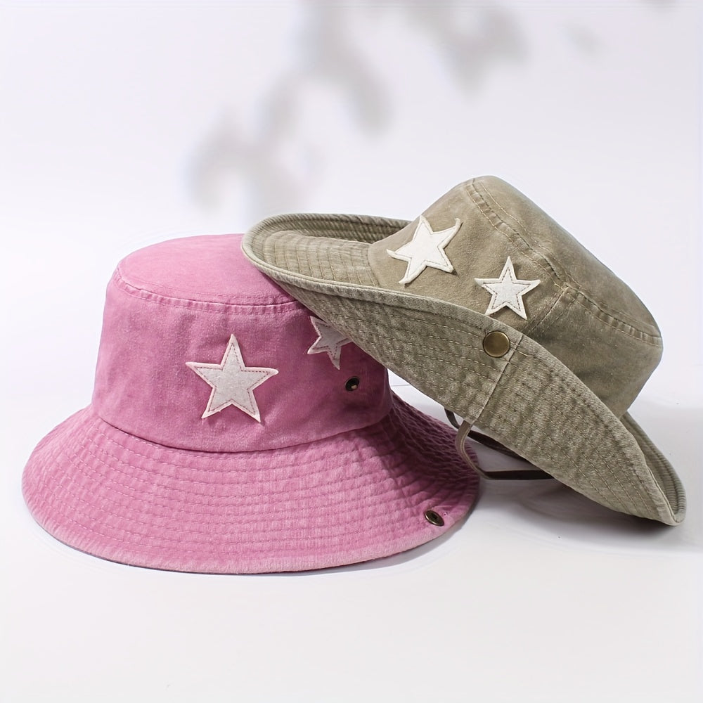 Star Patch Western Bucket Hat Distressed Cowboy Hat Outdoor Fishing Hiking Booni