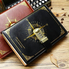 Vintage Leather Diary Notebook with Lock Retro Compass Plain Paper