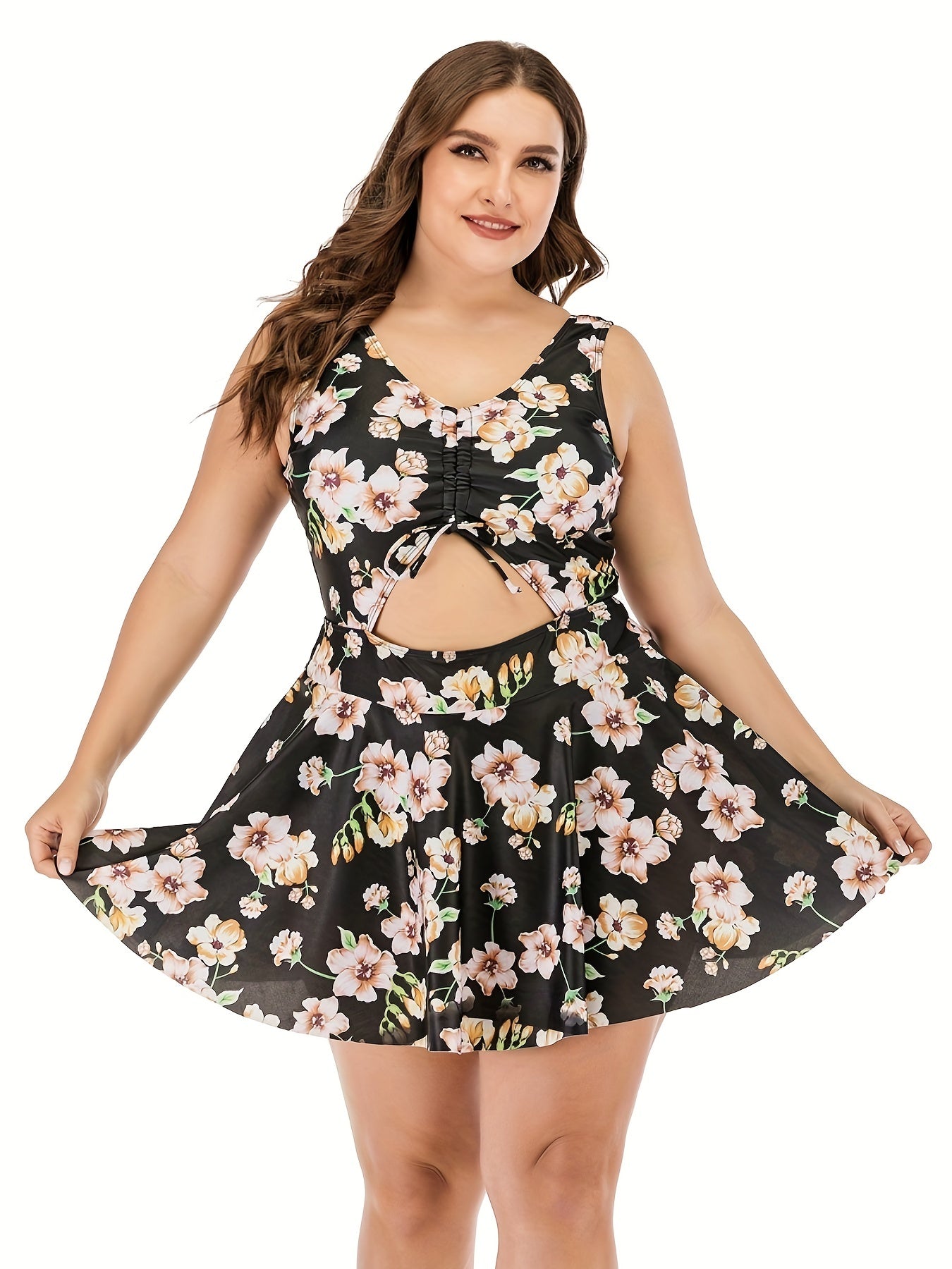  Floral One Piece Swimsuit with Cut Out Drawstring