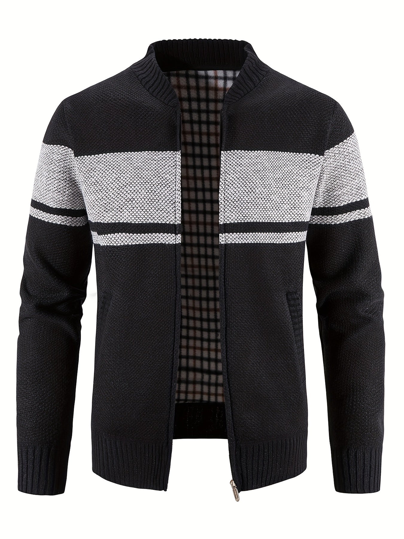 Men's Block Fleece Jacket Baseball Collar Zip Up Knitted Cardigan