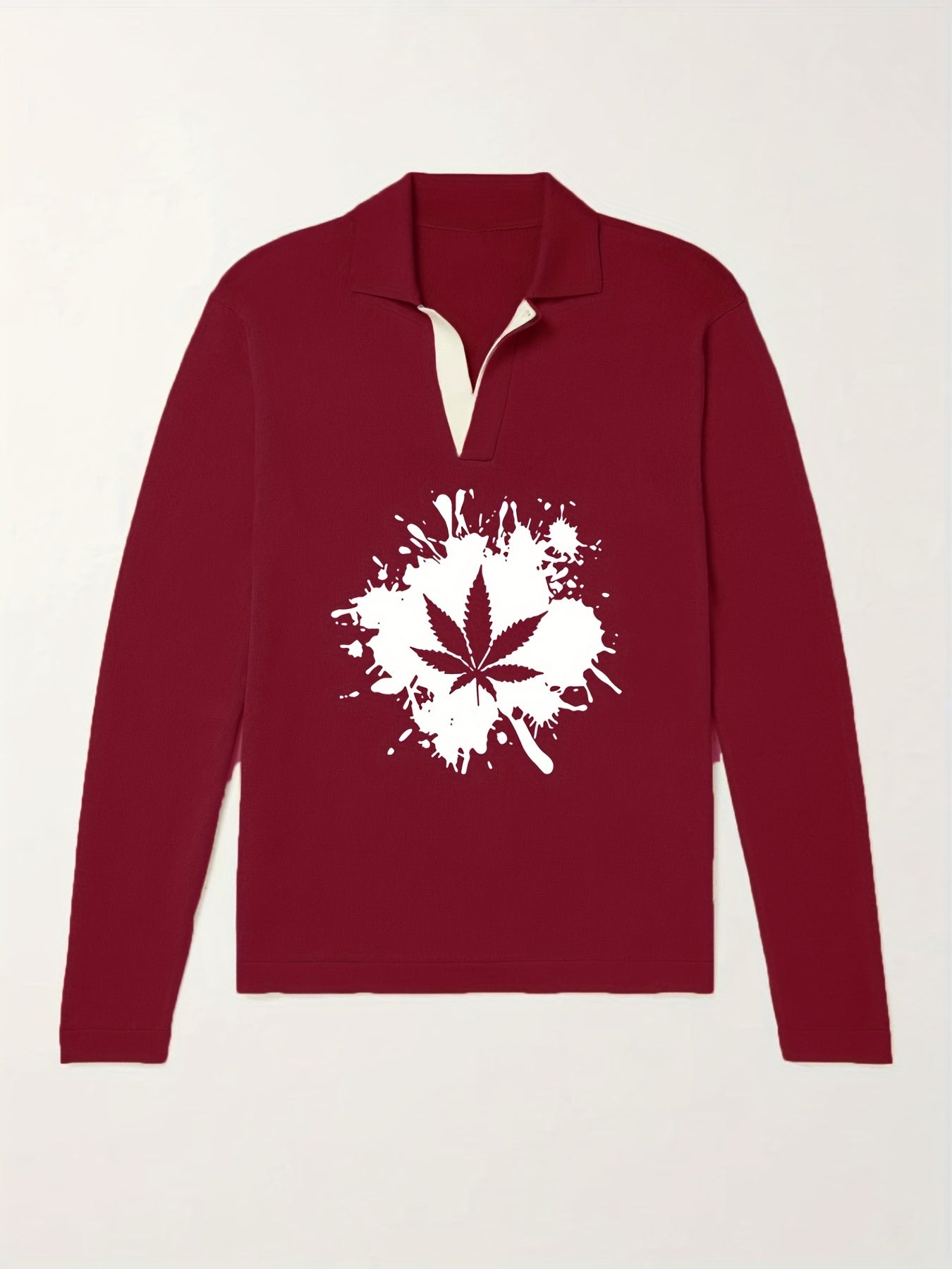 Leaf Pattern Knit Polo Shirt Men's Casual Lapel Sweater