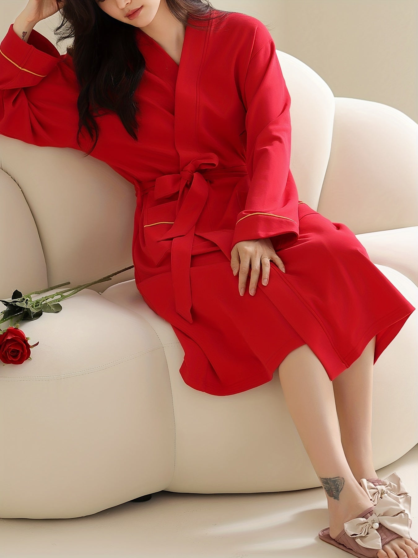 Women's Solid Lounge Robe V Neck Long Sleeve with Belt & Pockets