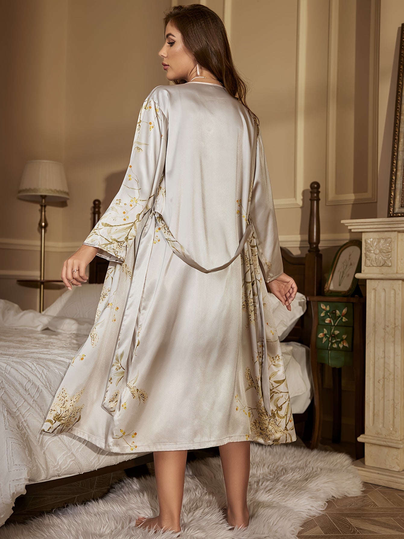 Women's Plant & Bird Print Pajama Set Sleepdress & Robe PJ Sets