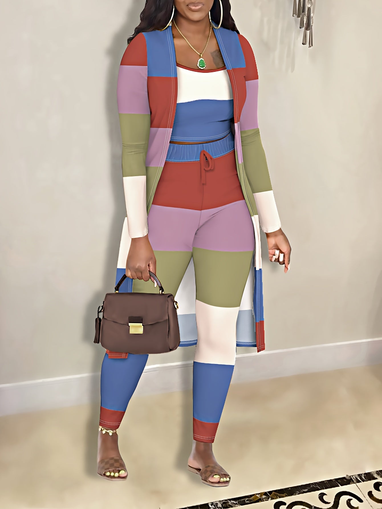  Colorblock Cardigan Top & Pants 3pc Set