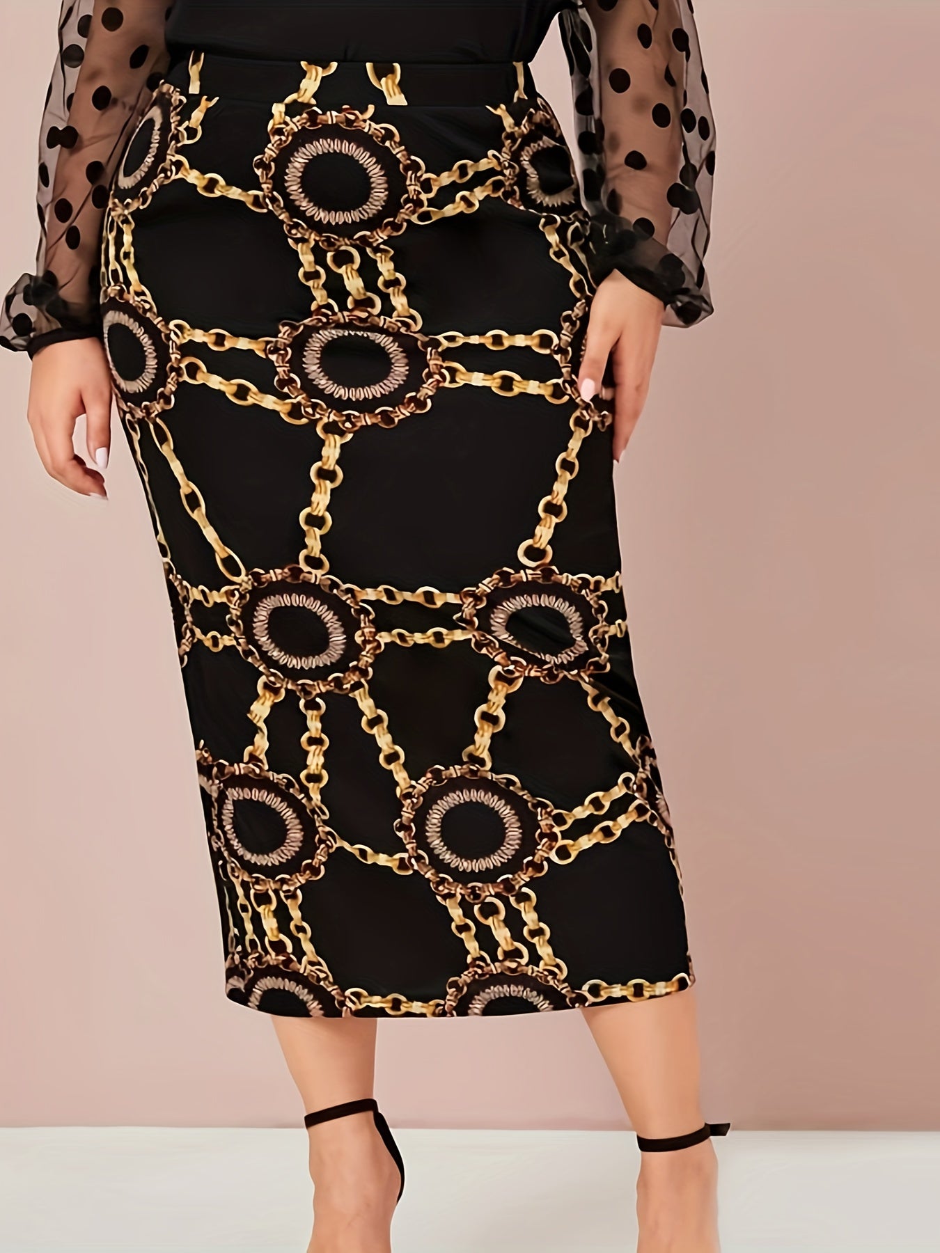  Chain Print High Rise Bodycon Midi Skirt