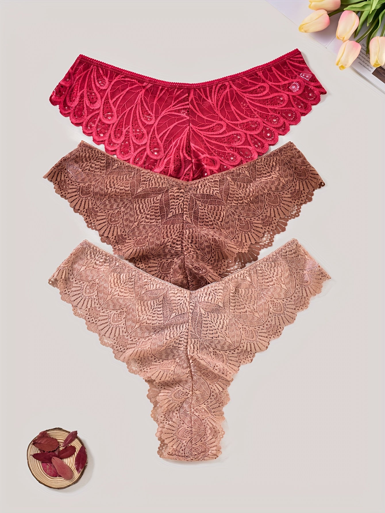 3 Pack Plus Size Panties Set High Stretch Underwear Women's Solid Floral Lace