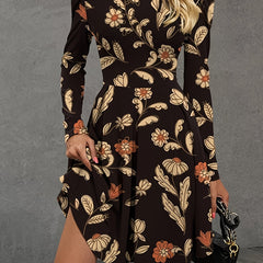  Floral Print Long Sleeve Round Neck Knee Length Dress