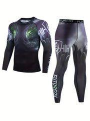 Men's Monster Pattern Compression Shirt & Pants Set for Outdoor Activities