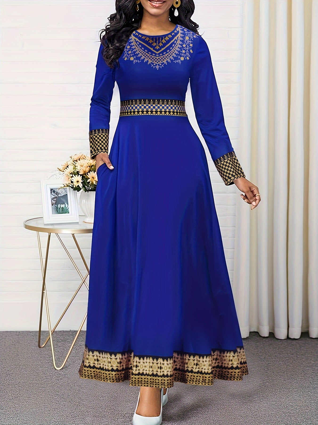  Ethnic Style Maxi Dress Colorblock Tribal Print Long Sleeve Round Neck