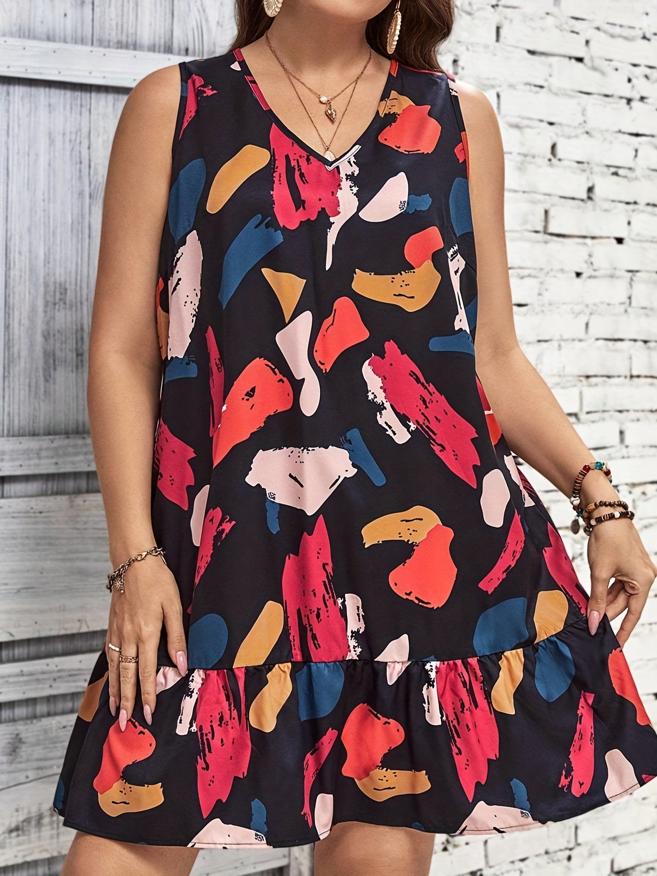  Print V Neck Ruffle Trim Tank Dress