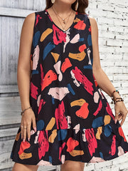  Print V Neck Ruffle Trim Tank Dress