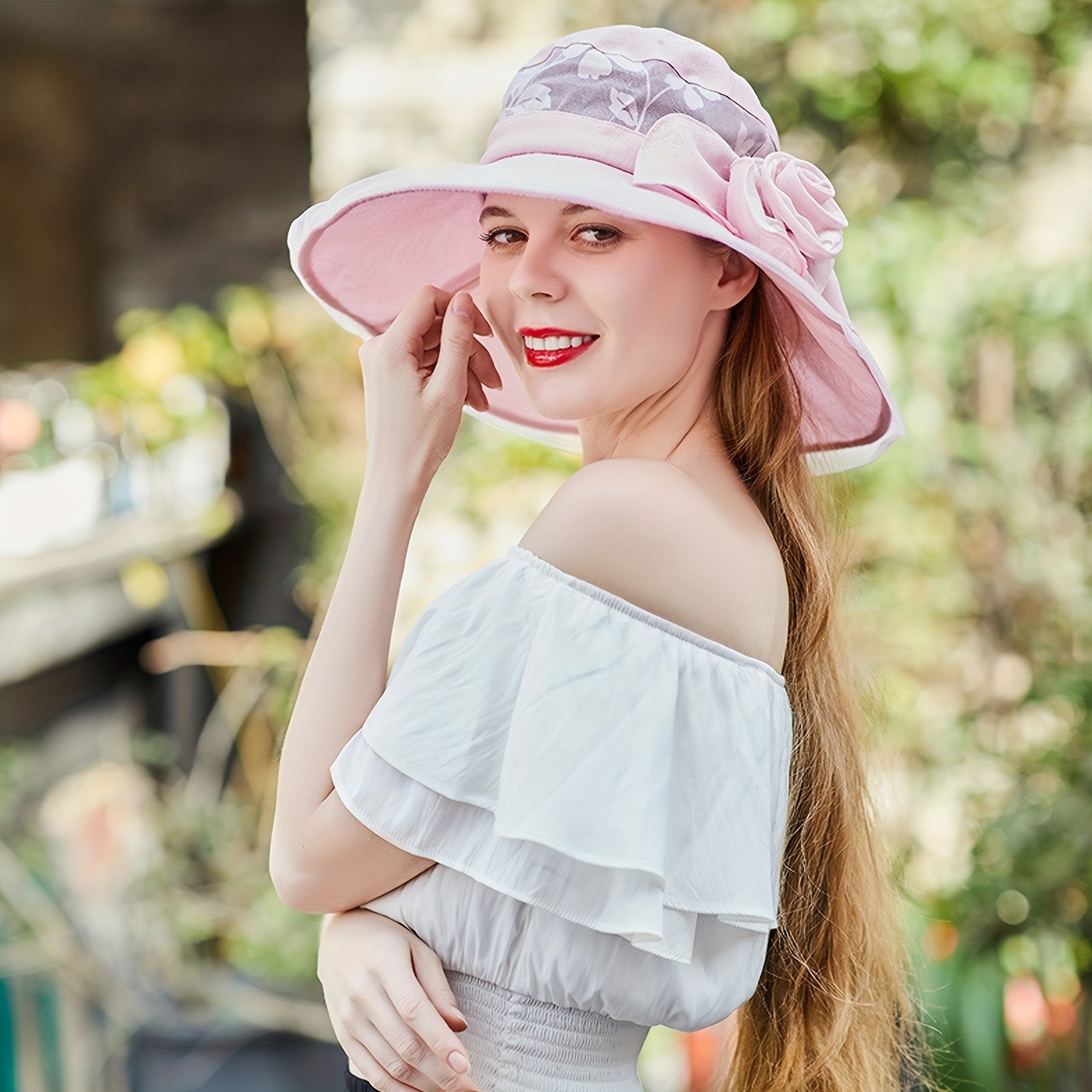 Floral Sun Hat Wide Brim Mesh Breathable Bucket Hat