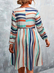  Stripe Print Long Sleeve Round Neck Mini Dress