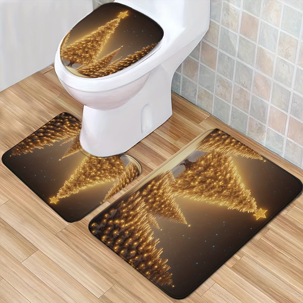 Golden Christmas Tree Shower Curtain Set