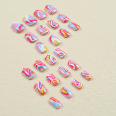 24pcs Rainbow Swirl Press On Nails Glossy Full Coverage Short Oval False Nails