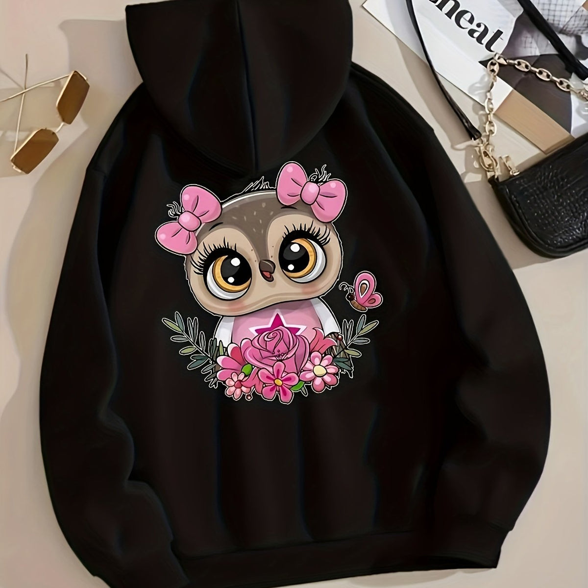Cartoon Owl Print Hoodie Casual Hooded Sweatshirt for Winter & Fall