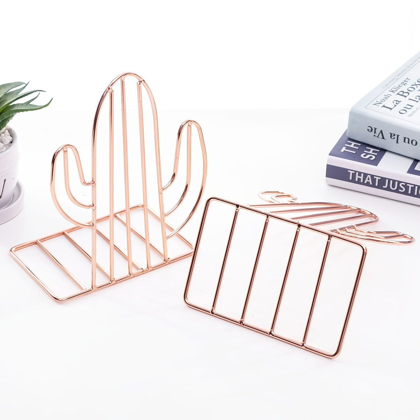 Geometric Metal Cactus Bookends for Shelf Book Stand