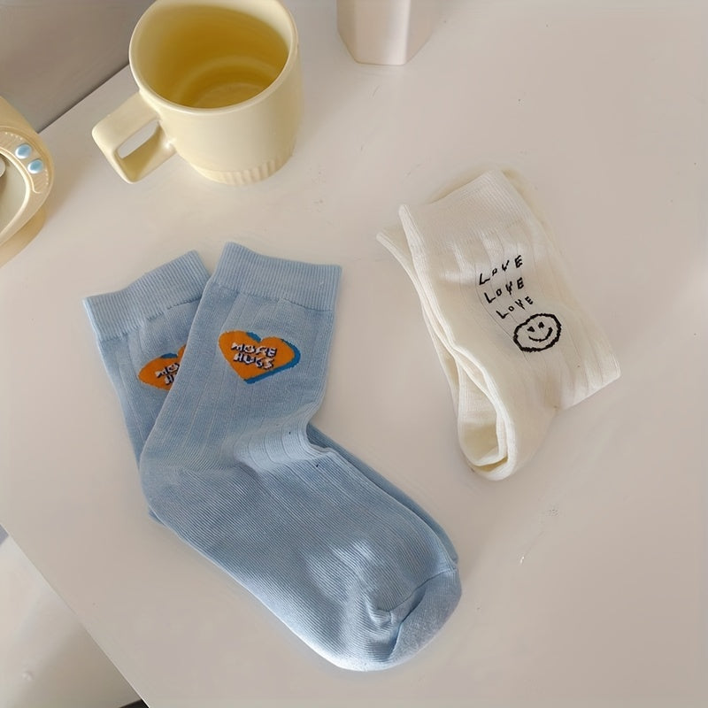 3 Pairs Letter & Smiling Print Socks College Style Women's Stockings