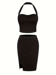  Halter Neck Backless Crop Top & Slim Fit Skirt Set