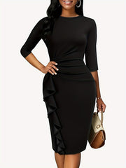  Solid Draped Ruffle Trim Bodycon Midi Dress