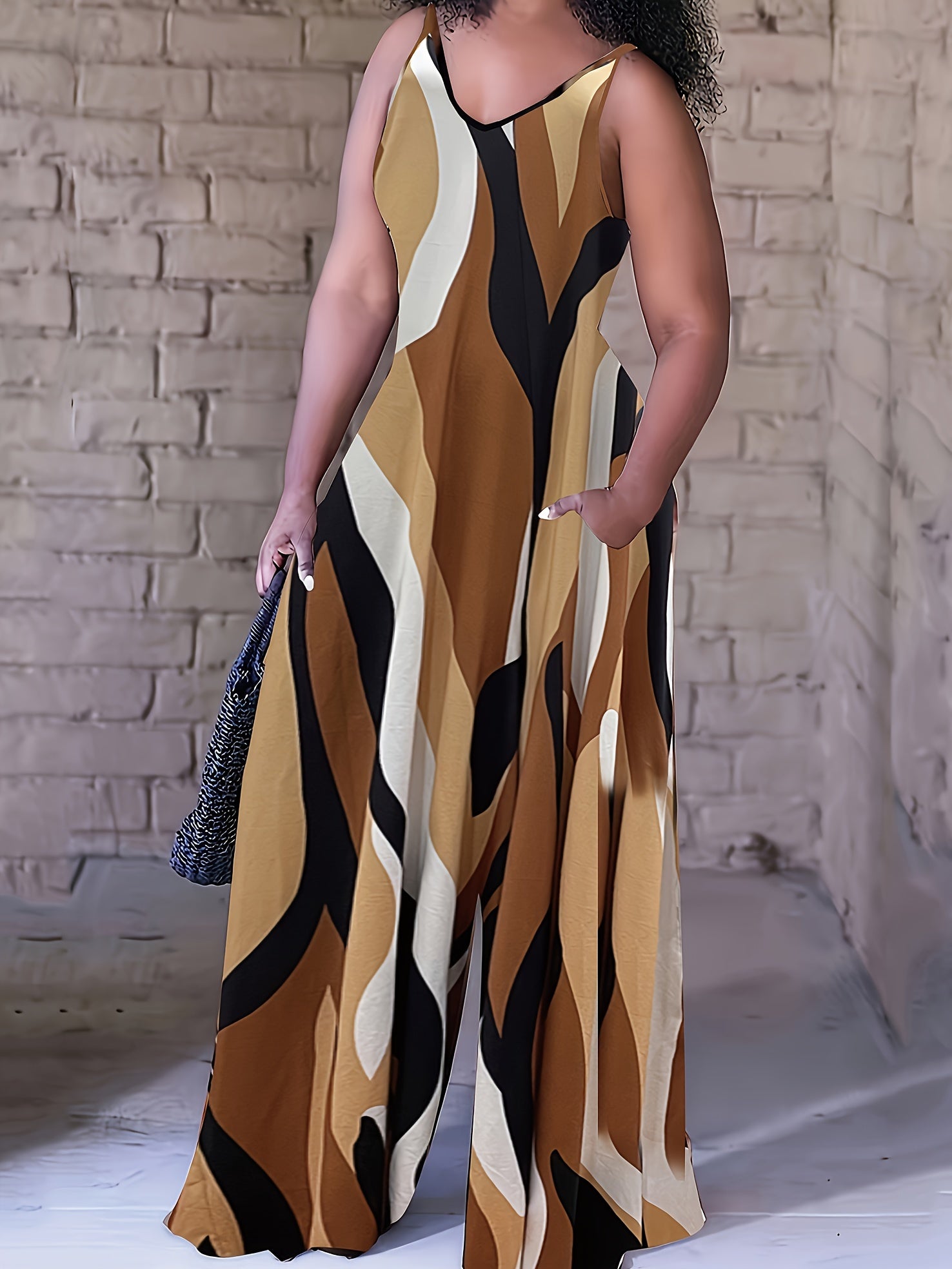  Allover Print V Neck Wide Leg Jumpsuit