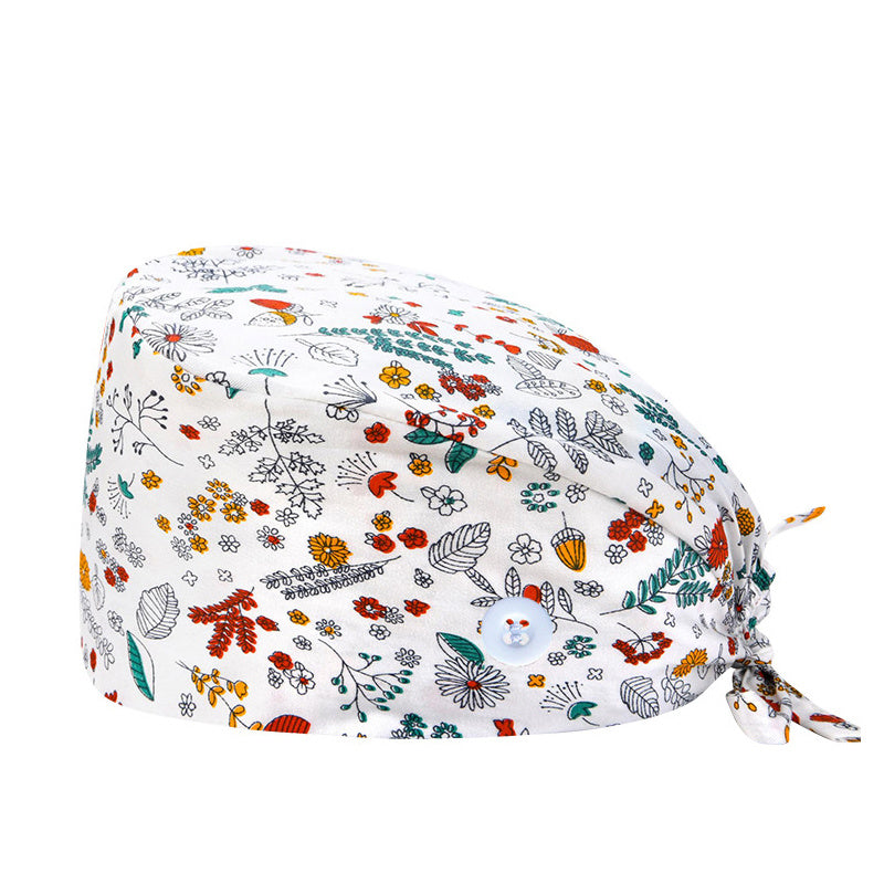 Cartoon Print Work Hat Adjustable Nurse Hat With Buttons Elastic Scrub Cap